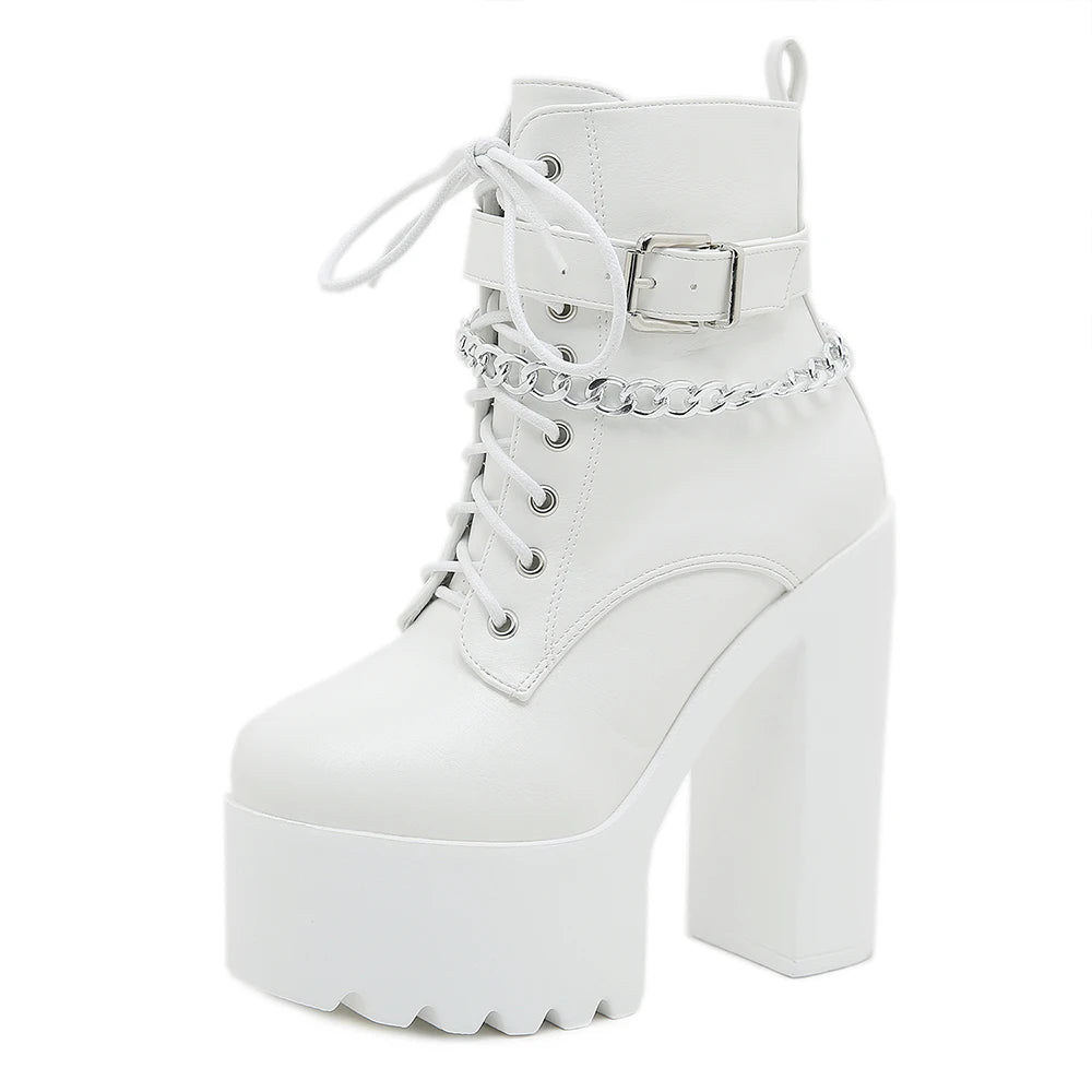 Women's Chain-Embellished Block Heel Boots – Fashionable Lace-Up, Side Zipper Platform Ankle Booties with High Heels