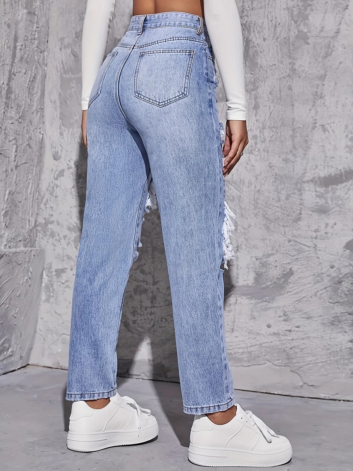 Jeans retrô americano furado para mulheres, cintura alta, virilha reta, solto,