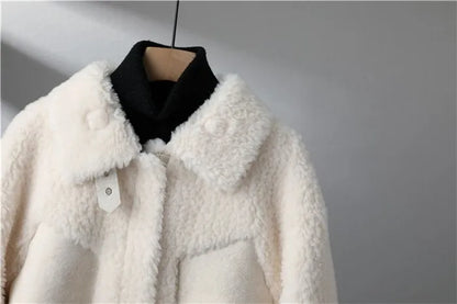 Casaco de lã de cordeiro curto feminino, jaqueta shearling granular, gola virad