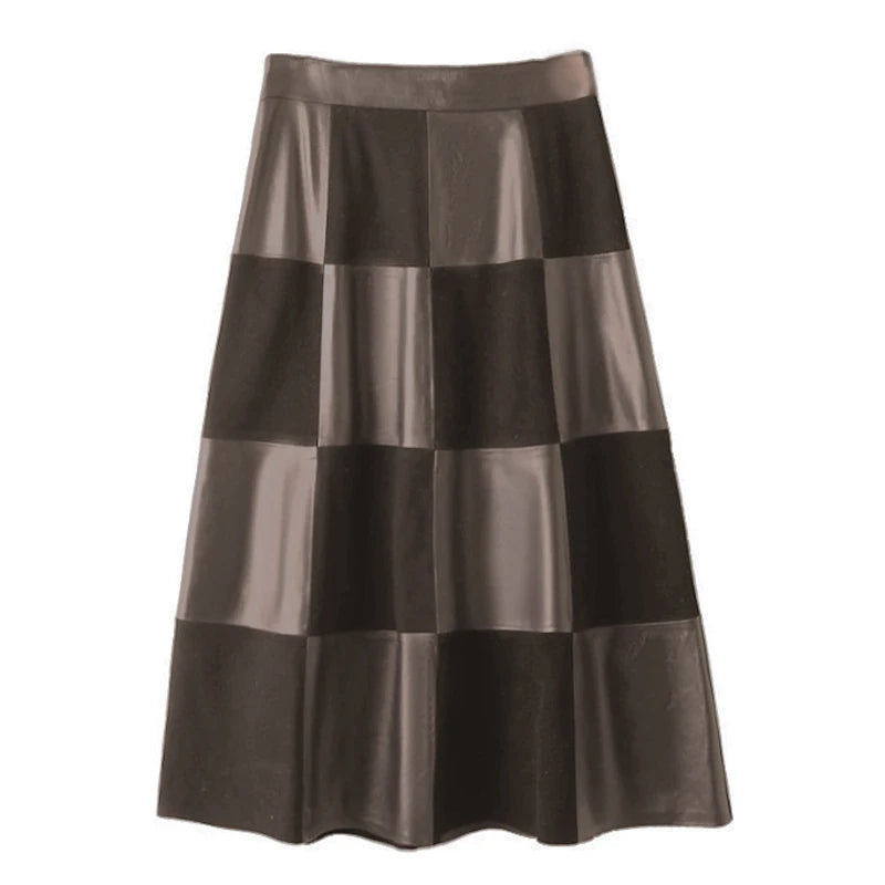 Checkered Genuine Leather Skirt for Women French Elegant Suede Leather Patchwork