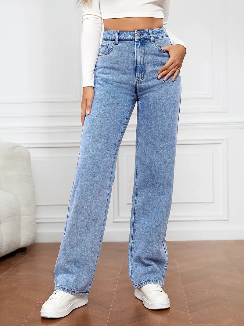 Women’s High-Waisted Straight-Leg Stretch Jeans - Washed Button-Zip Denim, Trendy Spring/Summer 2022 Fashion