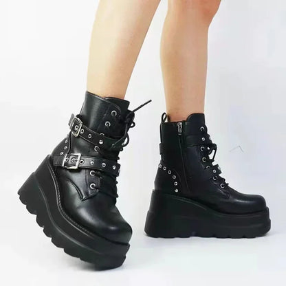 Women's PU Leather Ankle Boots – Gothic Round Toe Lace-Up Motorcycle Platform Booties for Autumn & Winter