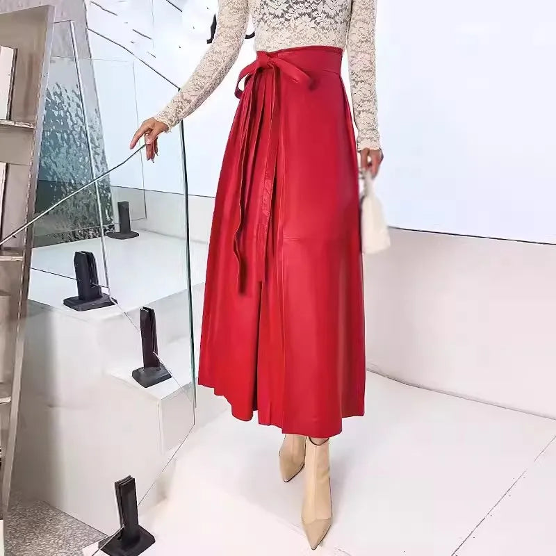 Chinese Style Vintage Women Lace Up High Waist Ankle Length Long Pleated Skirt E