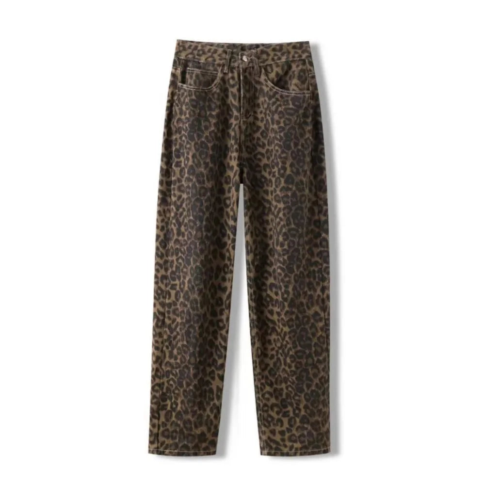 Women's Oversized Wide-Leg Leopard Print Jeans - Vintage Streetwear Hip-Hop Style