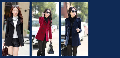 Autumn Winter Women Double Breasted Woolen Coat Solid Color Lapel Slim Fit Short