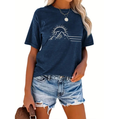 Women's Trendy Summer T-Shirt – Loose Round Neck Top with Mountain Sun Print for Casual & Party Wear