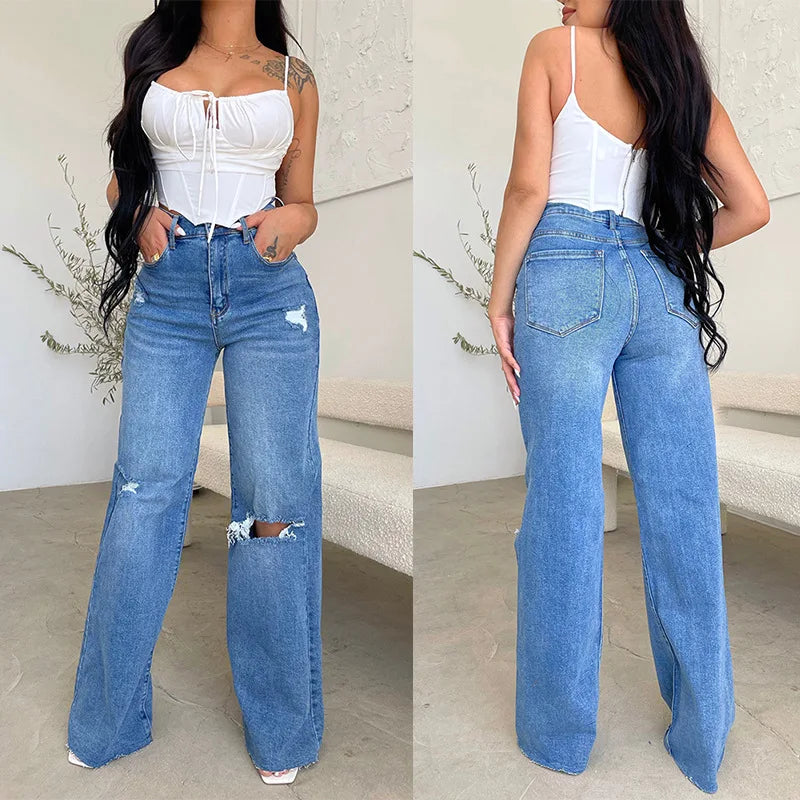 Calça jeans feminina de cintura alta, cintura larga, bolsos para lavar buracos,