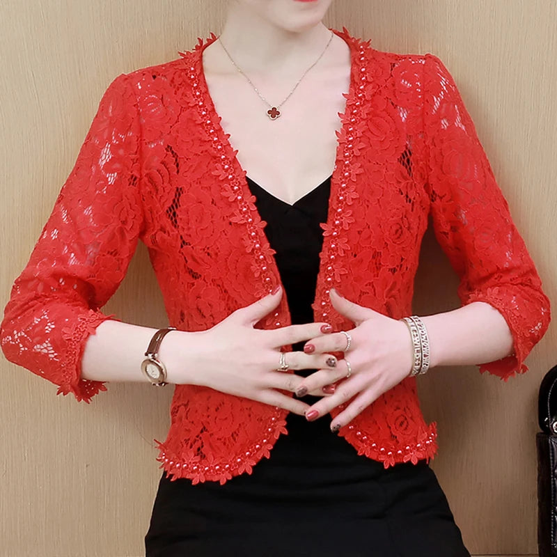 2022 Autumn Lace Beaded Hollow Sunscreen Cardigan Elegant Short S-4XL Large Size