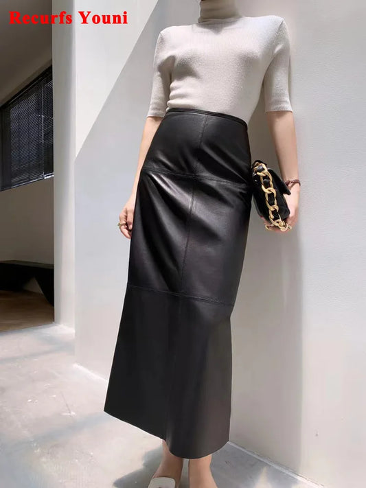 2023 Autumn/Winter Women Leather Maxi Skirt Feminino High End Vintage Back Split