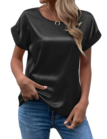 New Women's Satin T-Shirt – Loose, Short-Sleeve Round-Neck Casual Colored Top for Spring & Summer