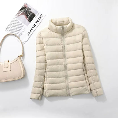 Parka para baixo empacotável feminina, jaqueta puffer empacotável, casaco casu