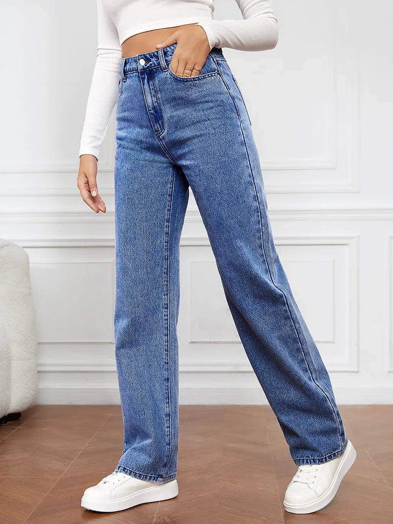 Women’s High-Waisted Straight-Leg Stretch Jeans - Washed Button-Zip Denim, Trendy Spring/Summer 2022 Fashion