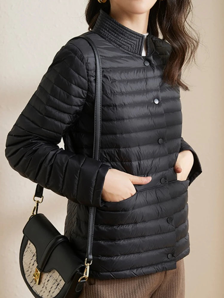 Casaco leve para baixo puffer feminino, casaco de gola em pé, fino, curto, eleg