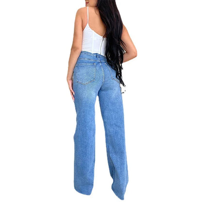 Calça jeans feminina de cintura alta, cintura larga, bolsos para lavar buracos,