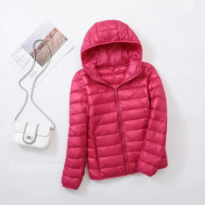 Jaqueta puffer curta com capuz para mulheres, casaco coreano slim fit, pato bran