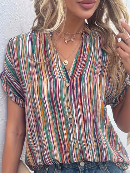 Plus-Size Striped Half-Sleeve Blouse – Casual Round-Neck Spring Top for Women