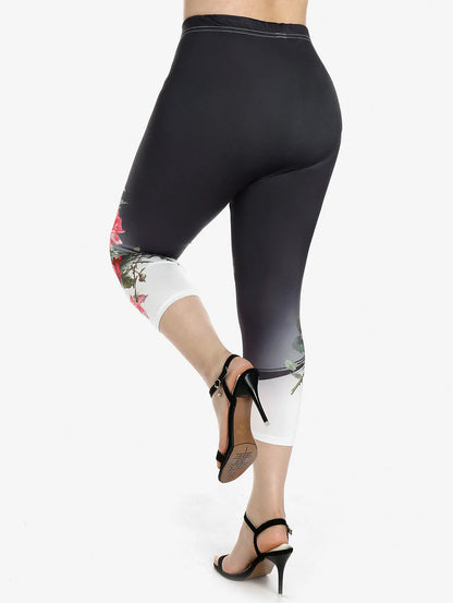 ROSEGAL - High-Waisted Rose Print Capri Jeggings (S-5XL)