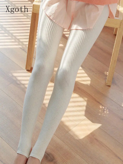 Xgoth Japan Knitted Cotton Vertical Striped Leggings Women Spring Autumn White Gray Pantyhose Stepping on The Feet Bottom Socks