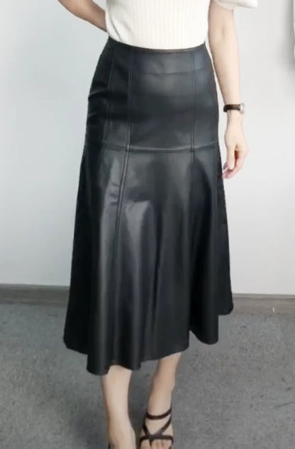 Leather Long Skirt Women New Fashion Attractive Seam Design Pleated Maxi Skirt L