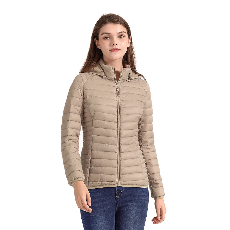 Women's Santelon Ultra-Light Quilted Jacket with Removable Hood, Outdoor Warm and Light Parka with Storage Bag