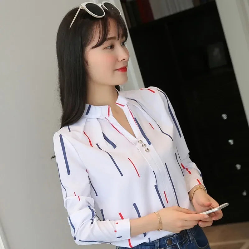 2024 Spring/Autumn Women's Casual Striped Blouse – Loose Long Sleeve Stand Collar Top in White