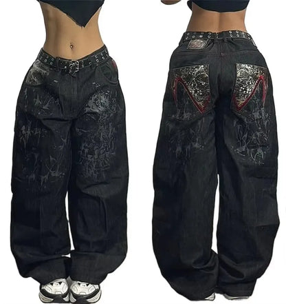 SOUTHPOLE-Jeans feminino, Y2K, Harajuku, Hip-Hop, calça preta, chão lavado, je