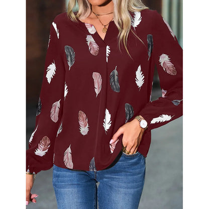 Women’s Feather-Pattern Chiffon Blouse – Elegant Long-Sleeve Fashion Top