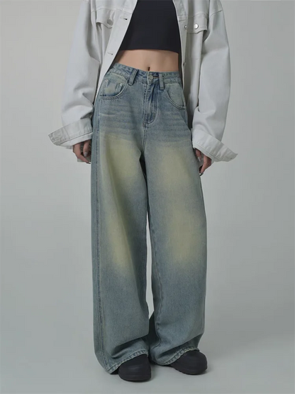 Women's Tie Dye Design Jeans Street Style American Retro Casual Blue Denim Baggy Trousers Female High Waist Straight Loose Pants