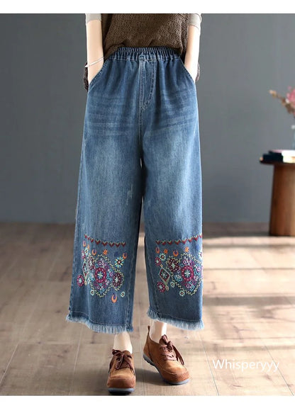 Retro National Style High Waist Embroidered Jeans Female Spring Autumn New Loose Wide-Leg Denim Trousers Women's clothing 2023