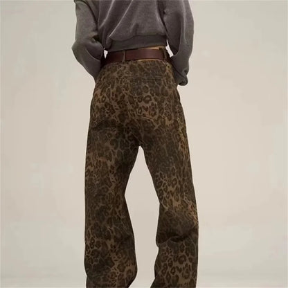 Women's Oversized Wide-Leg Leopard Print Jeans - Vintage Streetwear Hip-Hop Style