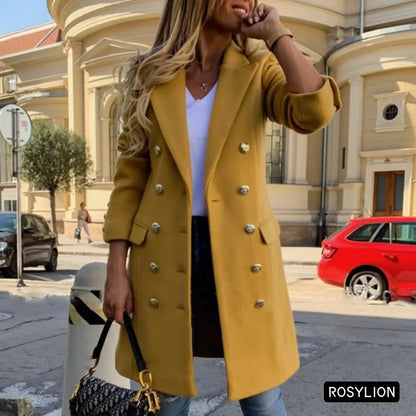 Ladies Autumn Winter Yellow Black Double-breasted Lapel Slim Woolen Coat Large S