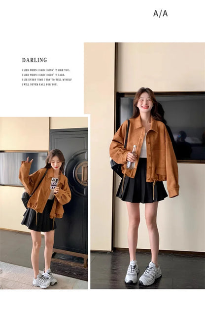 Retro Suede Short Jacket for Women in Spring and Autumn 2024 New Loose Fitting C