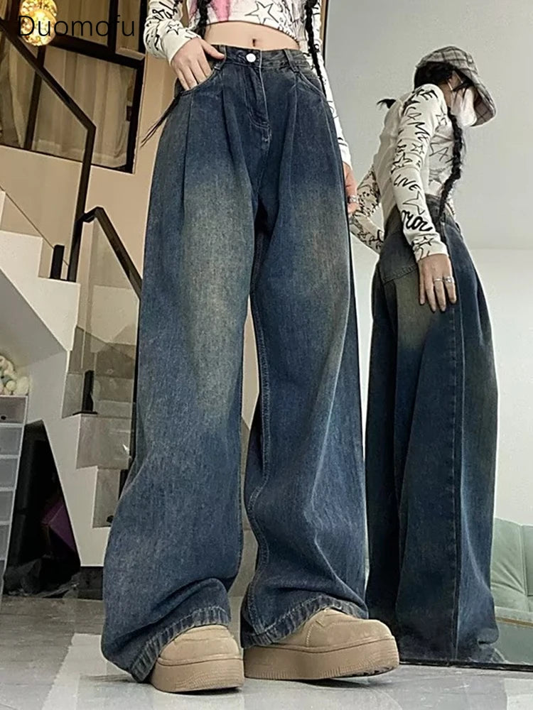 Duomofu Retro Blue Chicly Full Length Loose Straight Female Jeans Spring New Vintage Washed Fashion Distressed S-2XL Women Jeans