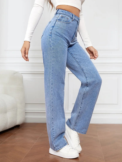 Women’s High-Waisted Straight-Leg Stretch Jeans - Washed Button-Zip Denim, Trendy Spring/Summer 2022 Fashion