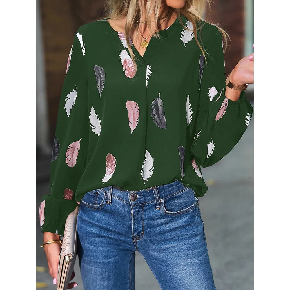 Women’s Feather-Pattern Chiffon Blouse – Elegant Long-Sleeve Fashion Top