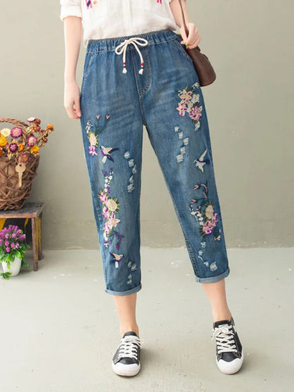 Max Lulu-calça jeans solta floral vintage para mulheres, calça casual rasgada,