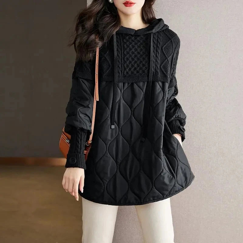 Women's Hooded Parka with Knit Accents - Slim Cotton Jacket, Stylish Winter Coat