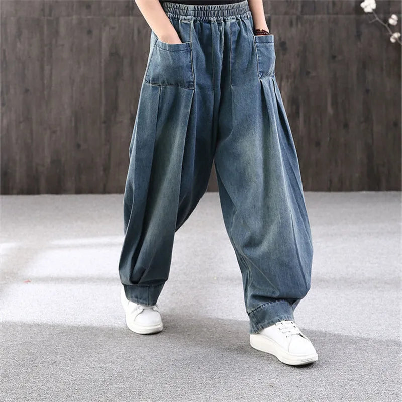 2023 New Loose Large Size Denim Wide Leg Haren Pants Female Art With Chinese Style Casual Sagging Jeans Bloomers Woman Clothing