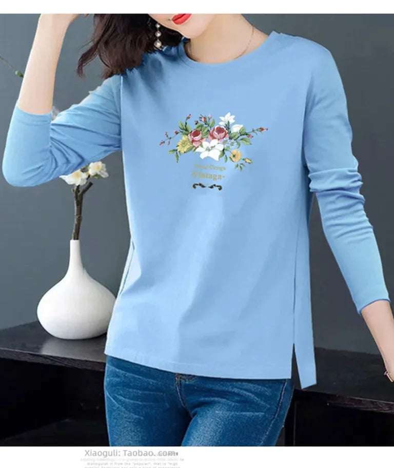 Women's 100% Cotton Long-Sleeve T-Shirt – Slim-Fit Round-Neck Base Layer for Spring & Casual Wear