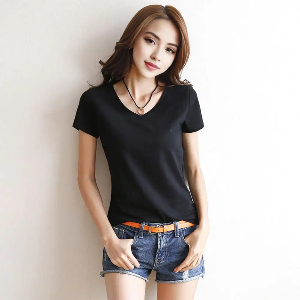 Women's Slim Fit V-Neck T-Shirt – Stretchy Solid Pullover Top for Effortless Streetwear