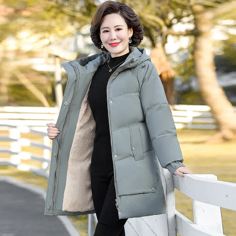 Monochrome Hooded Cotton Padded Parka for Middle-Aged and Grandmother, Long Coat with Fleece, Warm and Loose Fit, Winter Snow Coat