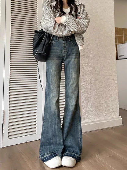 Jielur Fashion Slim Casual Vintage Blue Women‘s Jeans Winter American Style Chic Office Ladies Pockets Basic Female Flare Pants