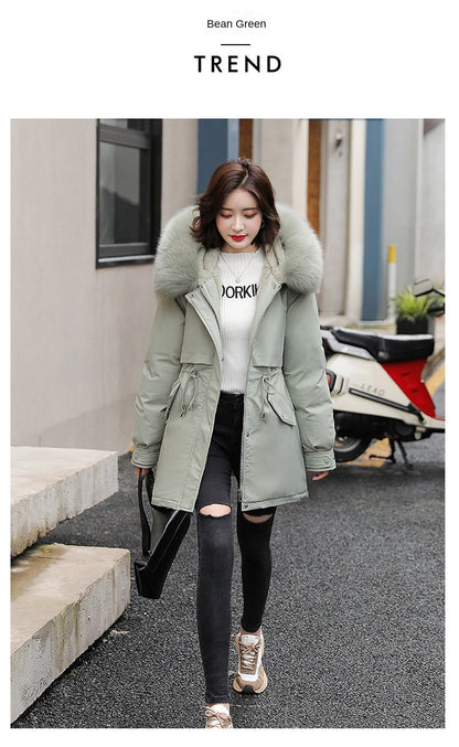 Women's Fine Wool Parka with Hood and Fur Collar, Warm Snowy Quilted Long Coat, Fashion Winter Outerwear 2023