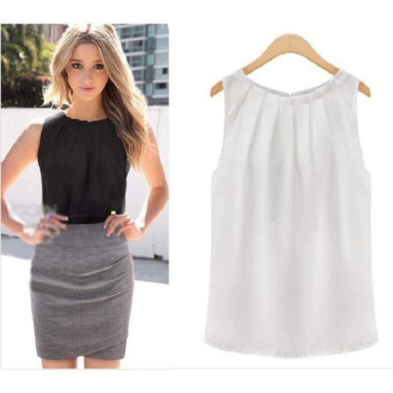 New Summer Sleeveless Chiffon Blouse – Women’s Fashion Round-Neck Top for Travel & Work