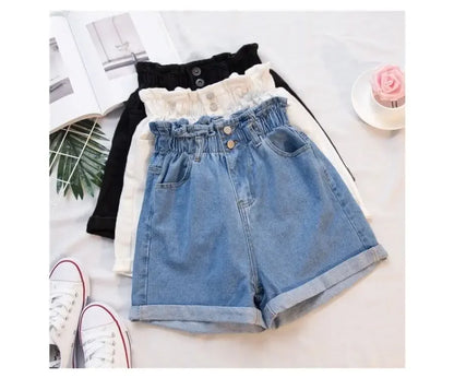 Y2k Summer Black Women Denim Shorts Women S-5XL Harem Ruffled White Blue High Waisted Shorts Female Elastic Short Jeans