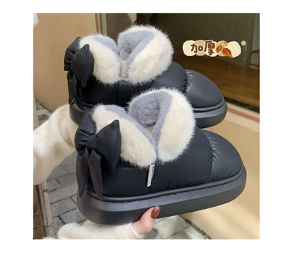 Women's Winter Bow-Knot Ankle Boots – Plush, Insulated, Waterproof PU Cotton Home Slippers