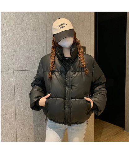 Women's PU Leather Thick Jackets - Warm Short Parkas, Quilted Cotton Black Jacket, Stylish Zipper Design, Winter Fashion 2022