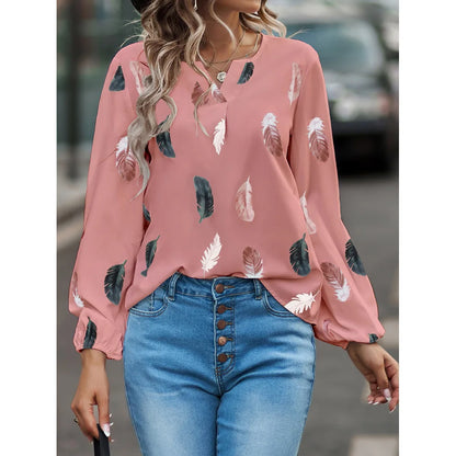 Women’s Feather-Pattern Chiffon Blouse – Elegant Long-Sleeve Fashion Top