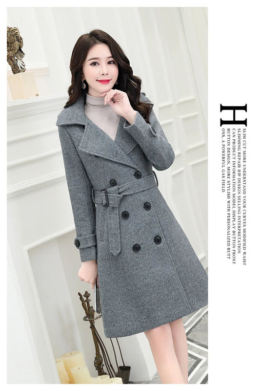 Korean Wool Blends Women Coats Lapel Double-Breasted Lined Trench Belt Ladies St