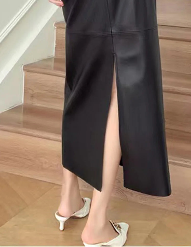 2023 Autumn/Winter Women Leather Maxi Skirt Feminino High End Vintage Back Split